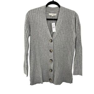 NWT LOFT Ribbed Knit Cardigan‎ Sweater Long Sleeve Button Front Gray Size SMALL